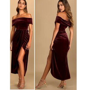 Lulus I'm Enchanted Burgundy Velvet Off-the-Shoulder Maxi Dress Small New NWT